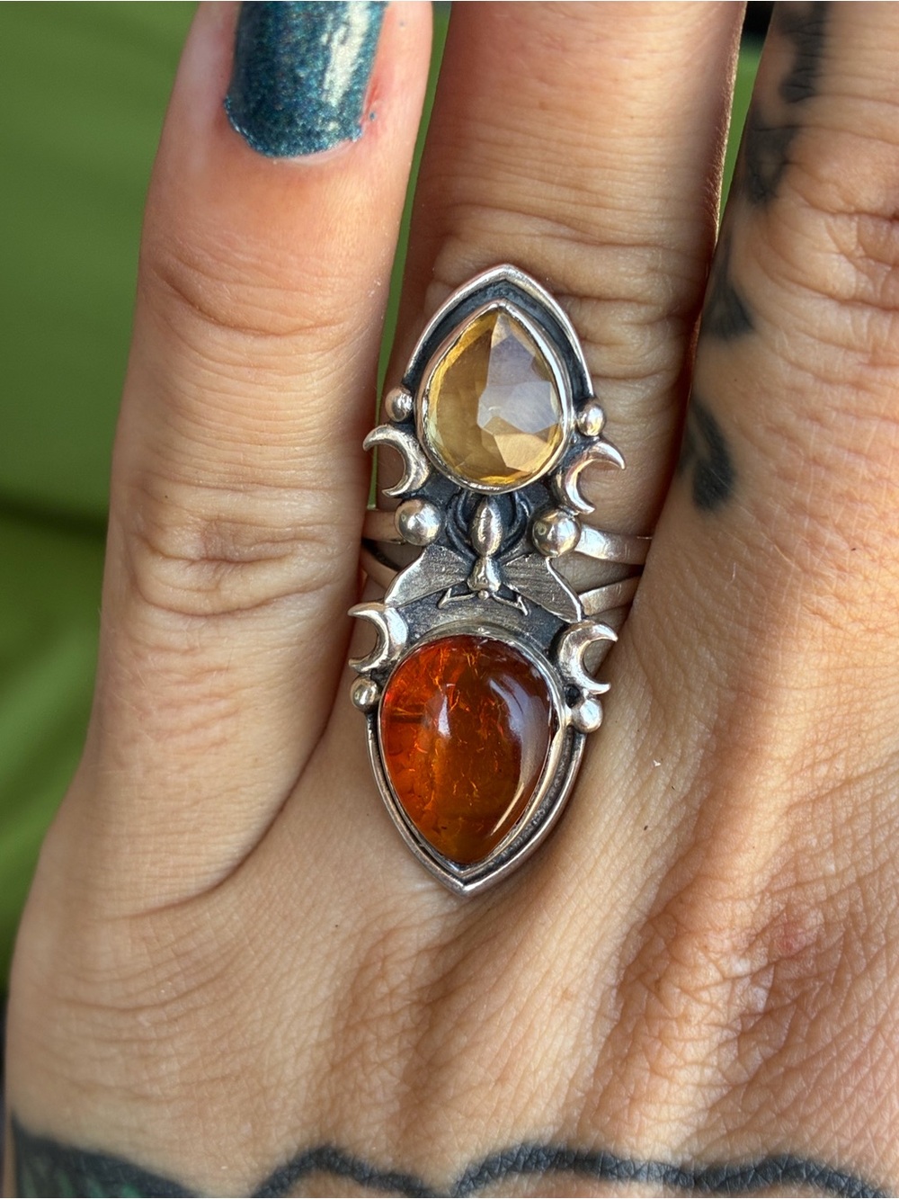 Handmade Sterling Silver Ring Double Teardrop Amber/Citrine Butterfly Statement